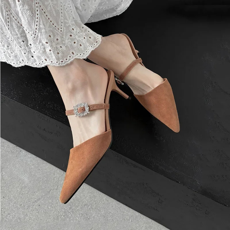 Pointed Toe Stiletto Suede Slippers Rhinestone Belt Buckle High Heel Elegant Slippers Large Size Women Shoes Sandalias Mujer