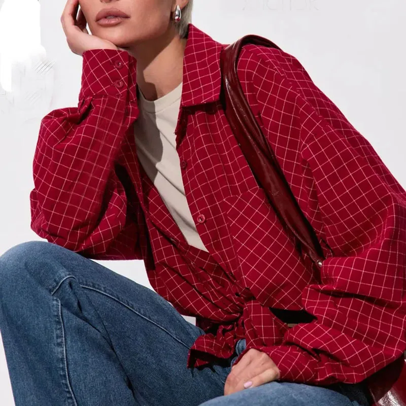 2026 Y2K Herbst Damen Neue Vintage Karierte Hemden Mode Streetwear Umlegekragen Overshirt Langarm Lose Harajuku Blusen