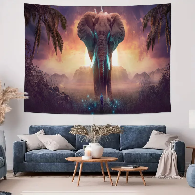 Fantasy Elephant with Glowing Blue Tusks and Palm Trees at Sunset Tapestry Machine Washable All Season Decor Home Easy to clean