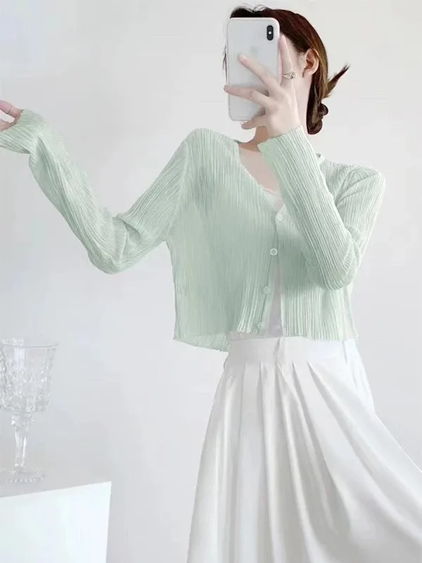 White Thin Sun Protection Clothing Long Sleeve Open Cardigan Short Knitted Outerwear Summer Thin Veil Top for Women