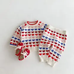 2024 Autumn New Children Colorful Heart Knitted Set Boys Girls Sweater Knitwear + Pants 2pcs Suit Kids Fashion Casual Outfits