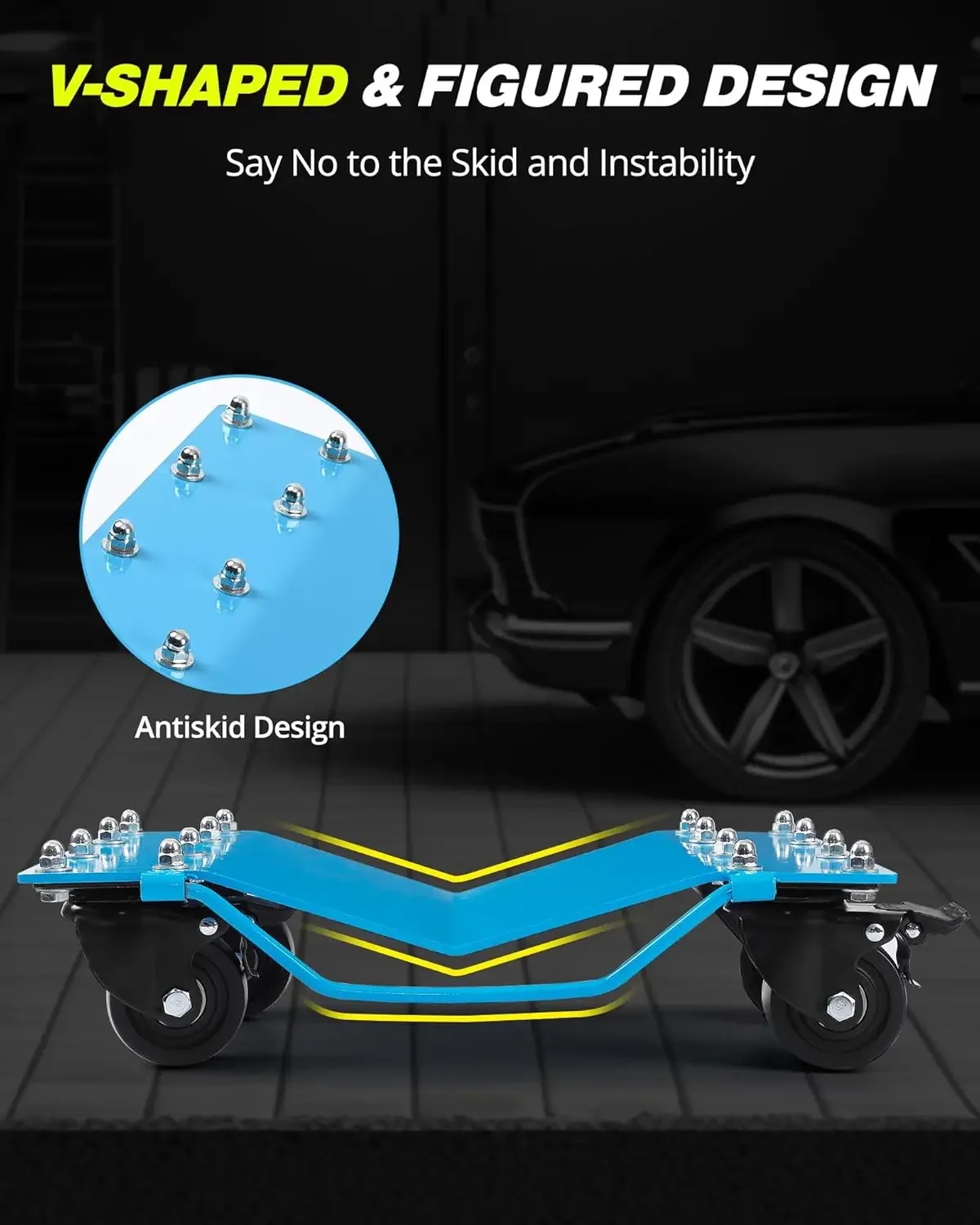 دوللي سيارة [مجموعة من 4 قطع مع 8000 رطل] سعة، دمى عجلة محرك السيارة شديدة التحمل من الفولاذ المنغنيز مع لوحة مضادة للانزلاق، 16 بوصة * 13 بوصة، أزرق