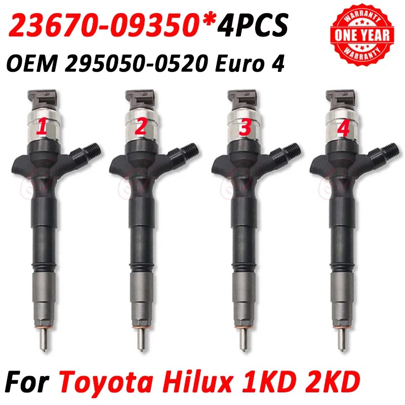 

4PCS 23670-09350 Common Rail Injector 2367009350 Diesel Fuel Nozzle 2950500520 For Toyota Hilux 1KD 2KD Euro4 Engine