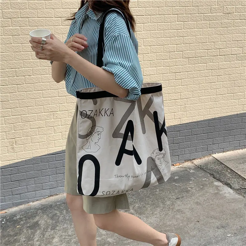 

Large-capacity Letter Canvas Bags Female Literary All-match Simple Shoulder Bag Korea Simple Portable Tote Bag S