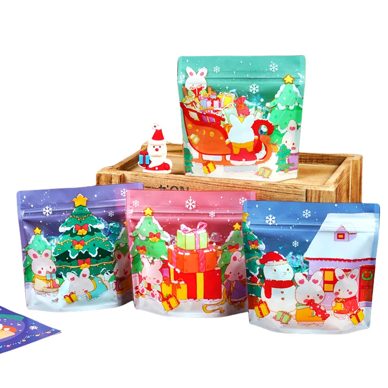 

50pcs Small Cartoon Christmas Gift Bags Snowman Plastic Stand Up Cookies Candy Packaging Pouches Xmas Home Party Decor Supplier