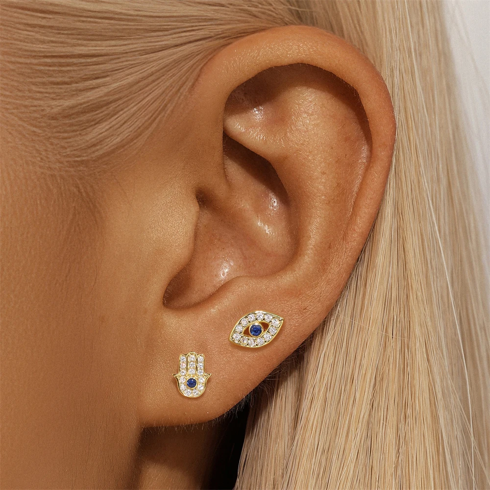 Aide Turkey Evil Eye Stud Earrings For Women Zircon Crystal Jewelry 925 Sterling Silver Punk Vintage Chain Earrings Female Gift