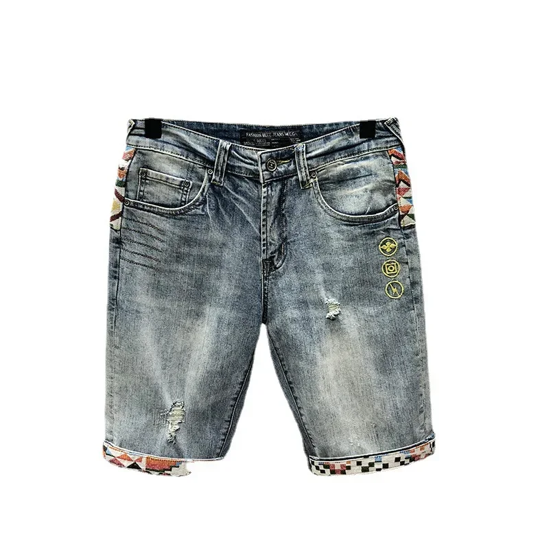 Summer New Denim Shorts Men's Stitching Embroidery Ripped Knee-length Shorts White Black Retro Blue Fashion High Quality Jeans