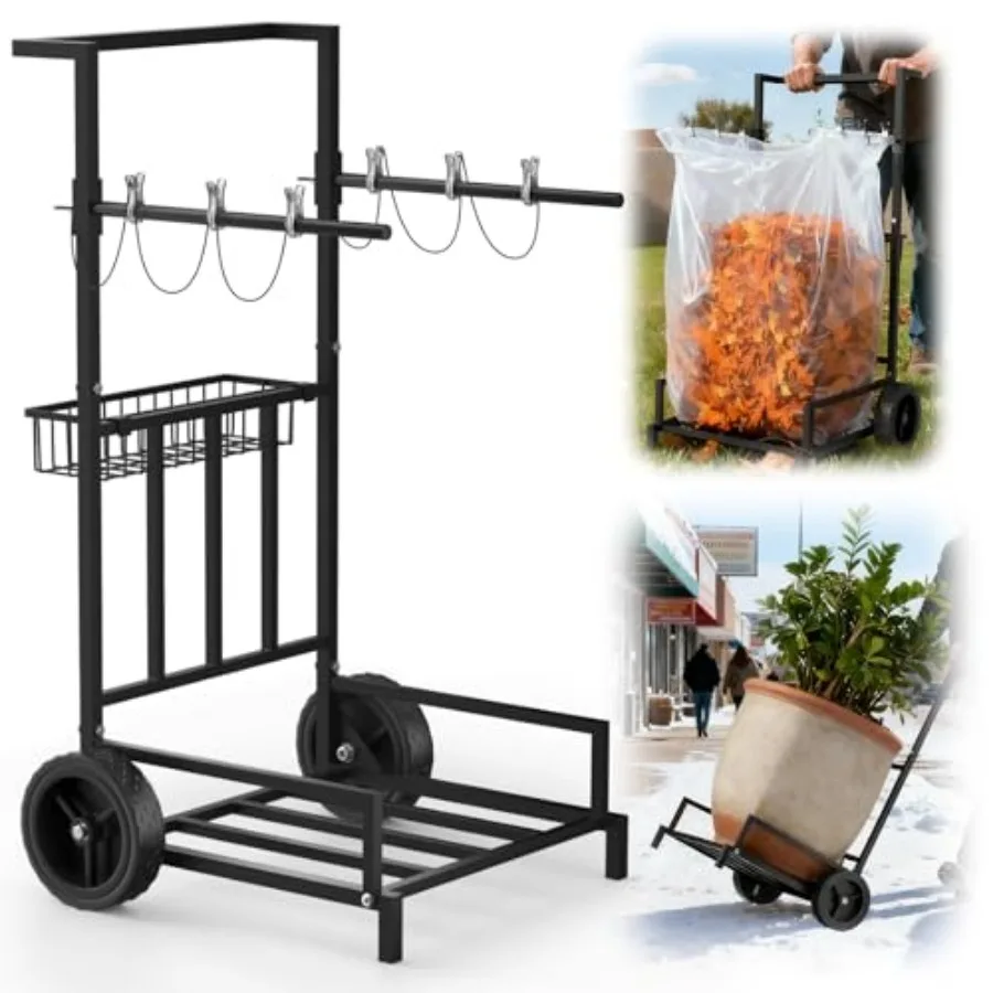 

2-in-1 Leaf Bag Holder Cart and Hand Truck Dolly, Heavy Duty Garden Trash Bag Stand with 7" All-Terrain Wheels, 200lbs Capacity