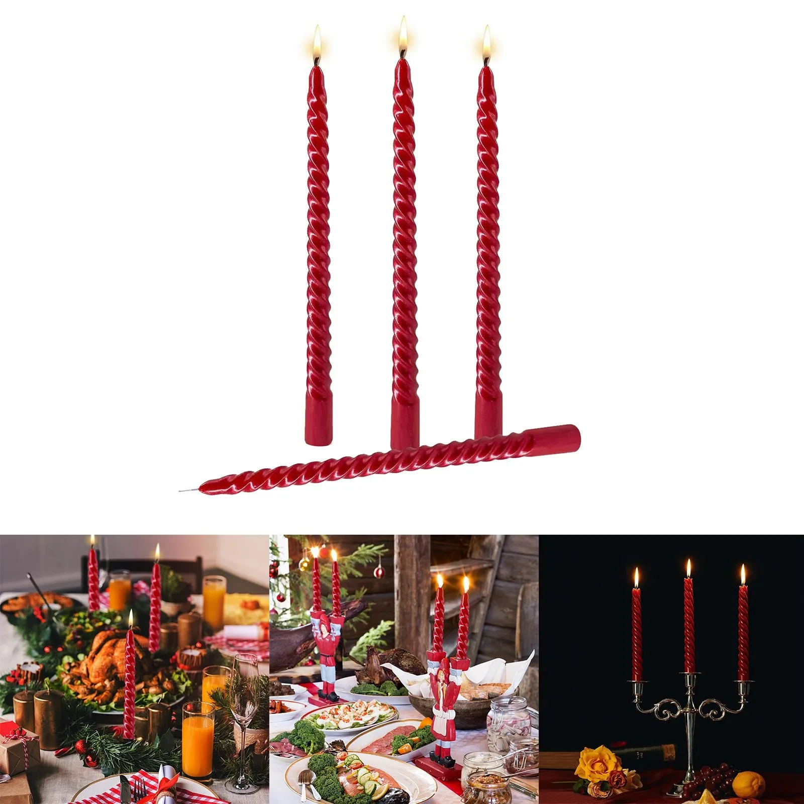 4pc Taper Candles True Dripless Taper Candles10 Inches Red Glossy Metal Style Candle Sticks For Home Tealight Candle Holder Set