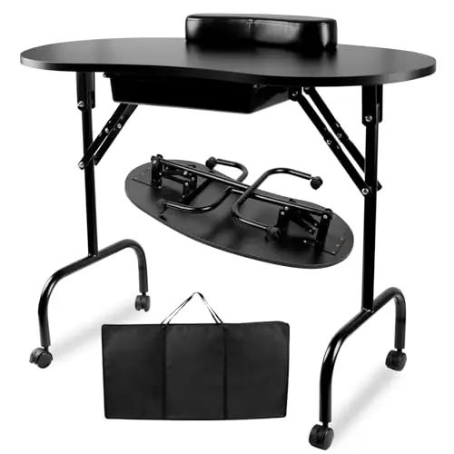 37-Inch Portable & Foldable Manicure Table, Nail Desk Workstation with Large Drawer, Client Wrist Pad, Controllable