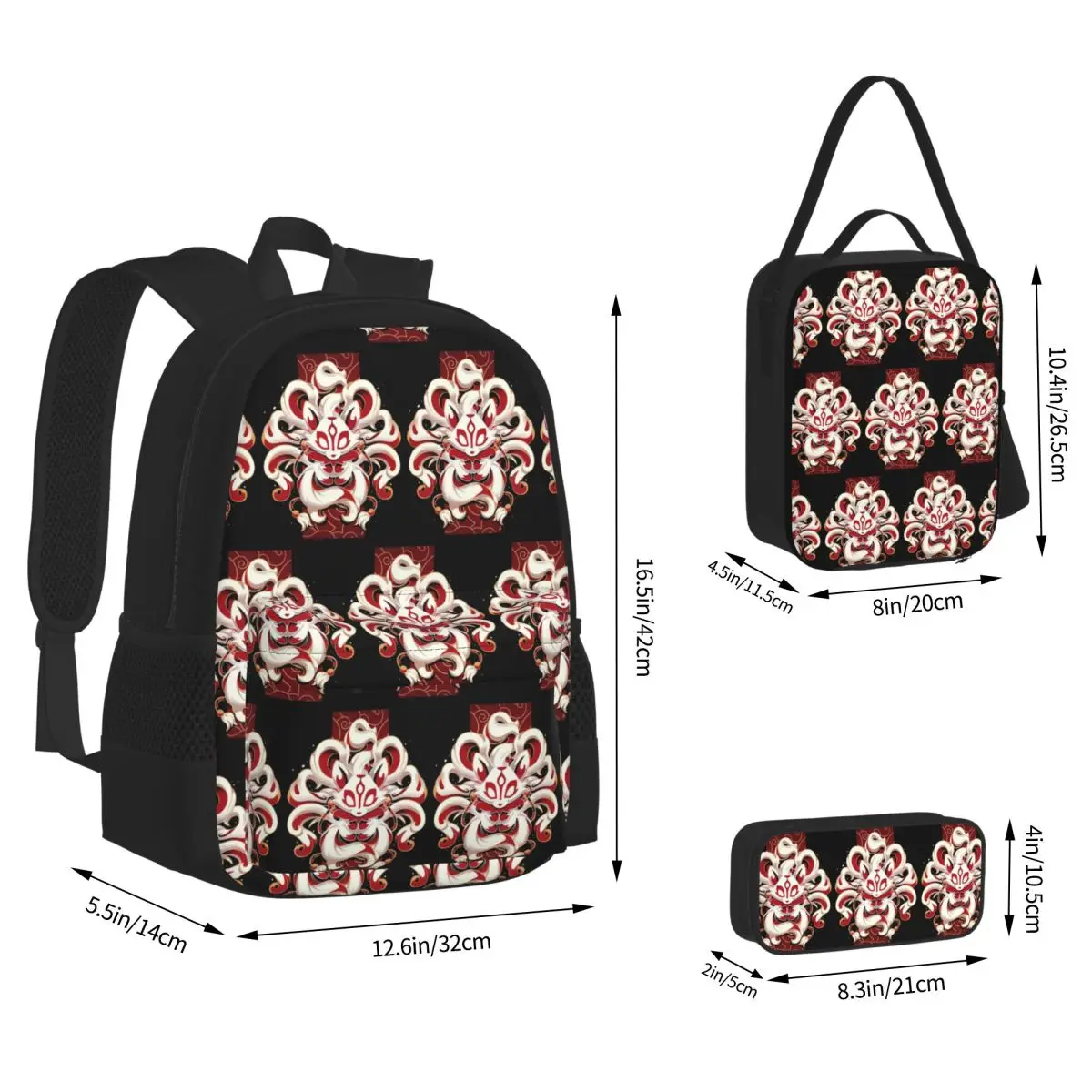 Fox Spirit Kitsune Japanese Kabuki Backpacks Students Bookbag School Bags Rucksack Lunch Bag Pen Bag Three-Piece Set