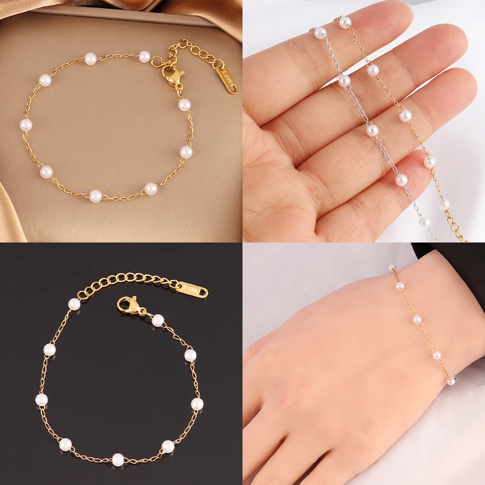 316L Stainless Steel White Pearl Bracelet For Women Fashion  Simple Pearl Beads Chain Bracelets Jewelry Gift