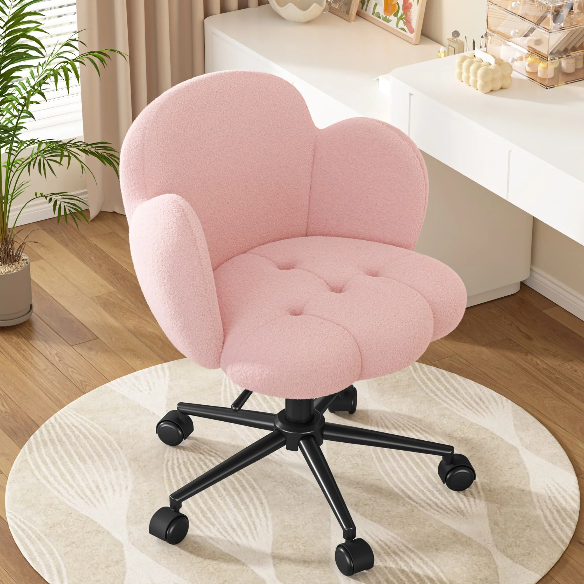Petal Vanity Chair with Wheels, Height Adjustable Upholstered Home Office Chair, Computer Task Chair for Study Makeup Relaxation
