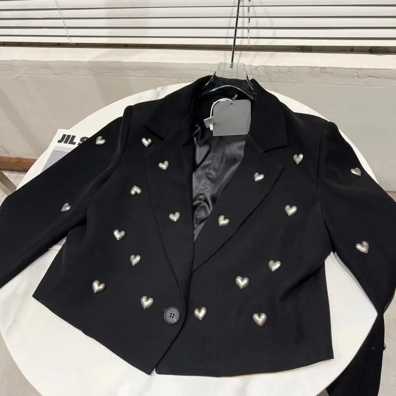 Heart Beaded Decoration Black Short Blazers Women Coat Spring Slim Notched Collar Long Sleeve Single Button Female Suit Jacket