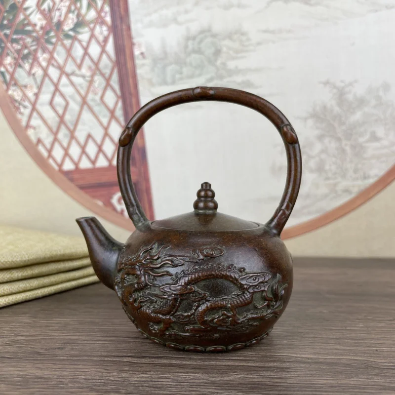 

Brass Antique Style Dragon and Phoenix Small Teapot Handheld Teapot Ornament Chinese Style Home Decor Collectible Gift Ornament