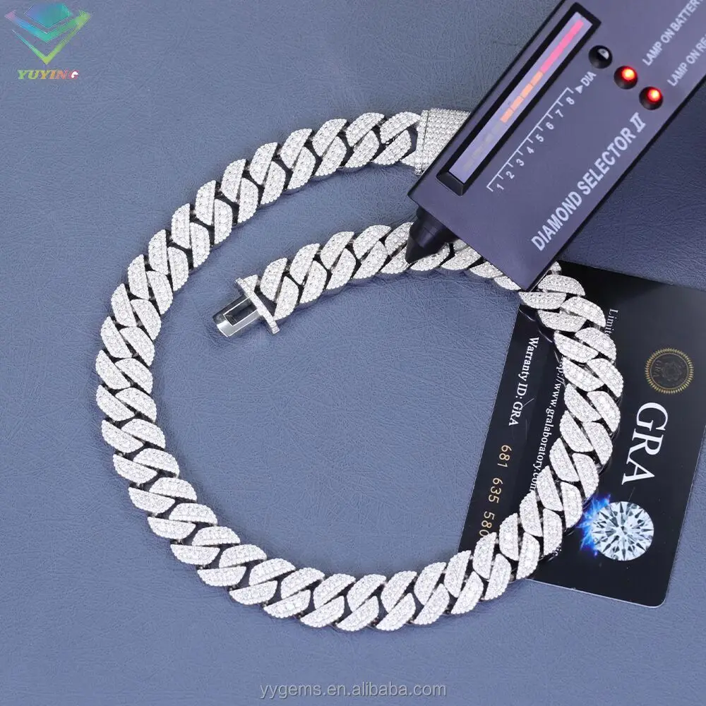 

Customized wholesale price s925 Sterling sliver with GRA vvs Moissanite 15mm 3rows mens jewelry rapper necklace cuban link chain