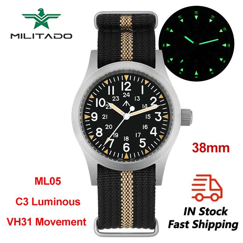 Militado ML05 Quartz Watches VH31 Sweep Movement Military Field Watch Super C3 Green Luminous Domed Sapphire Crystal Men's Watch