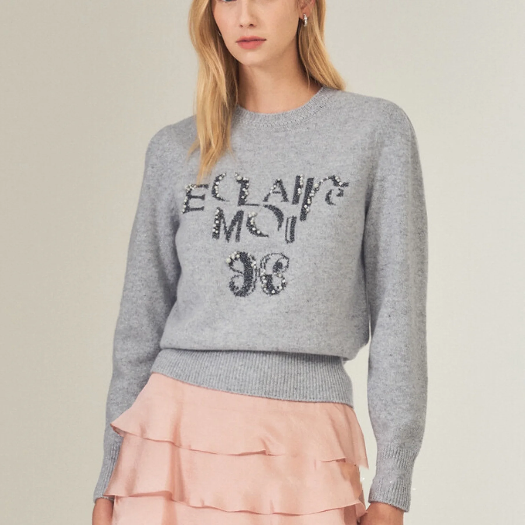 Simple Faionable round Ne Letter Hand Sewn Knitted Woolen Sweater Versatile Basic Sle Women's Autumn Faion 2024