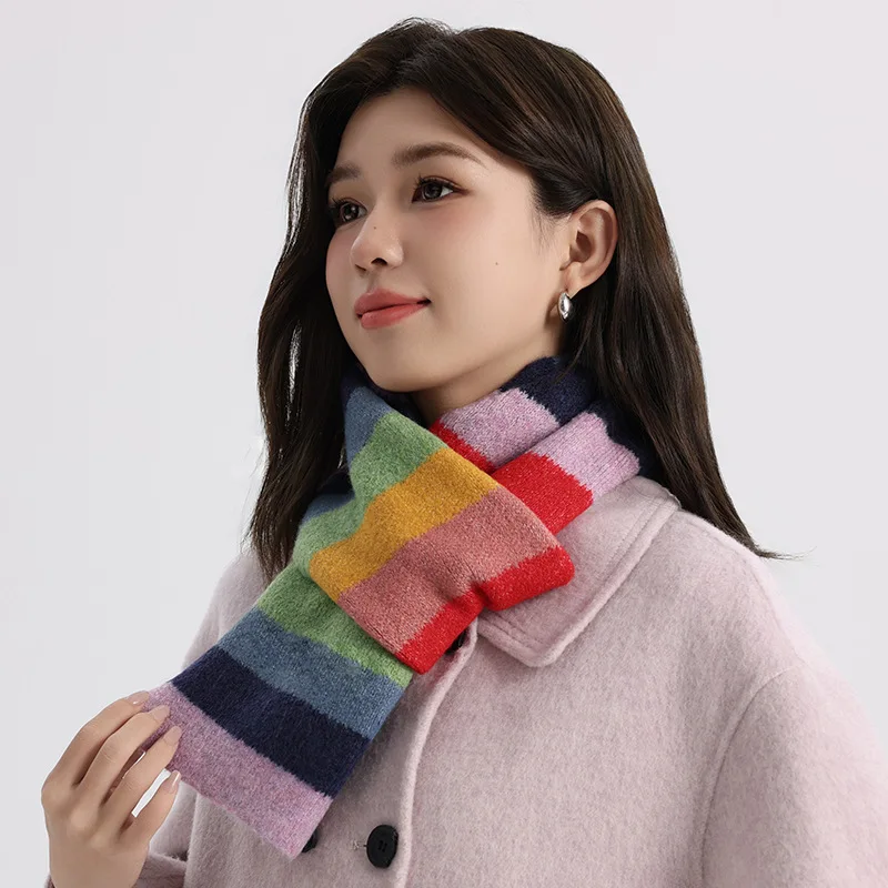 Unisex Youth Color Block Striped Knit Scarf Autumn Winter Warm Versatile Couple Small Neck Wrap for Students Men Women