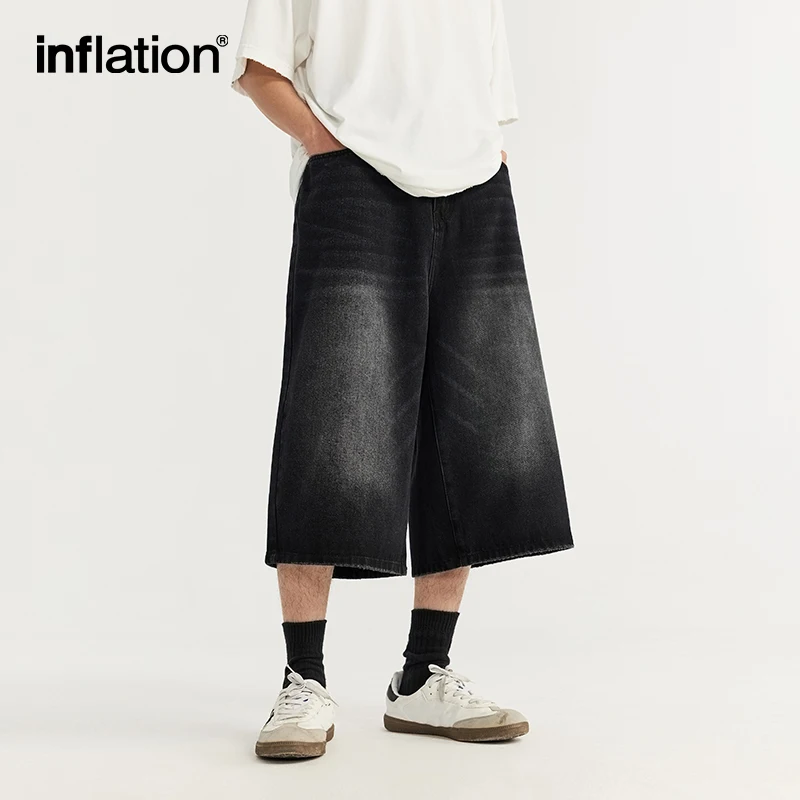 INFLATION Blue Wide Leg Jeans Shorts Men Moustache Effect Washed Denim Shorts Plus Size