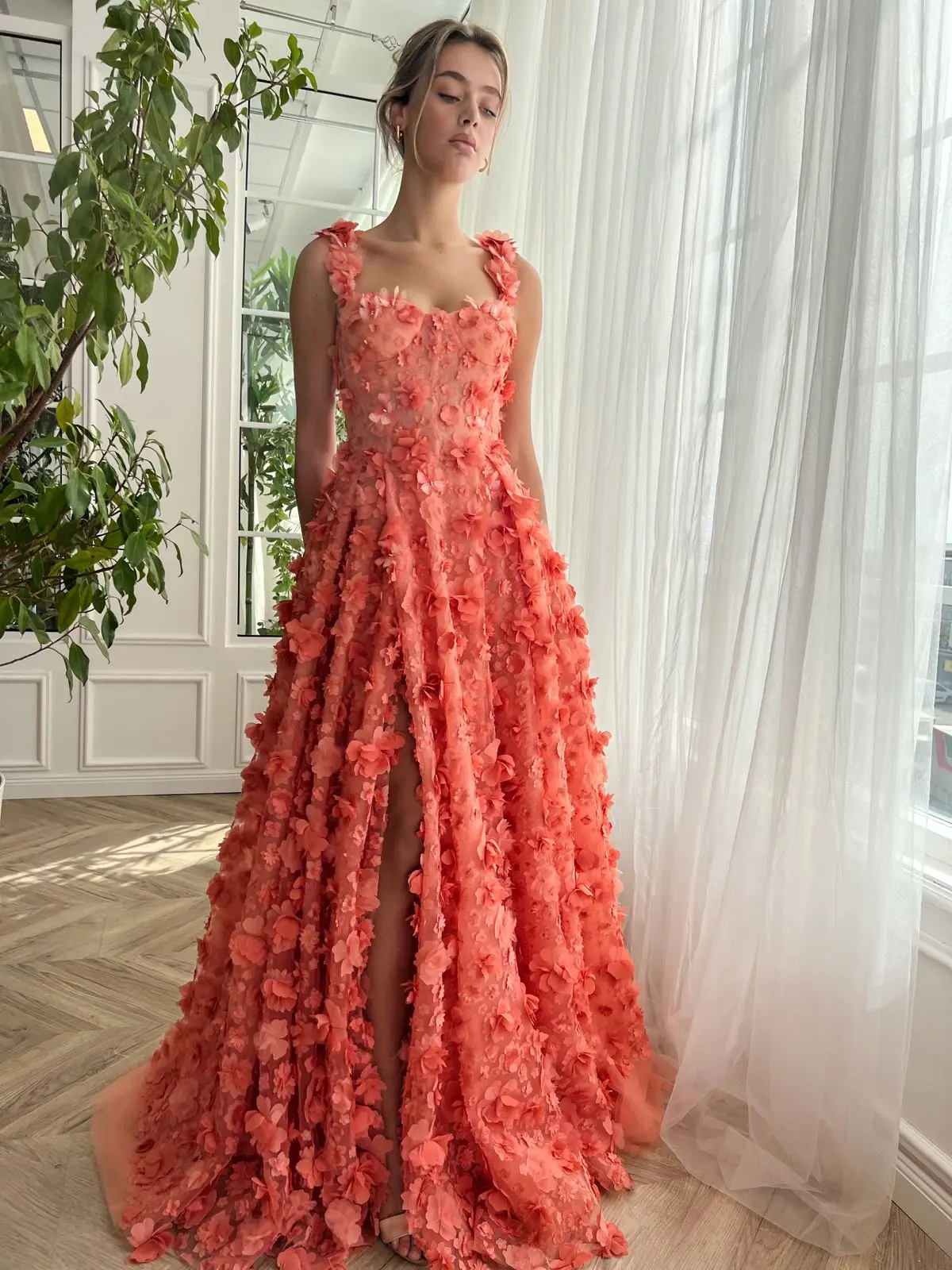 Off-the-shoulder Sweetheart Prom Dresses 3D Flowers Sheer Corset Ball Gowns Sleeveless Backless A Line Floor-Length Evening Gown