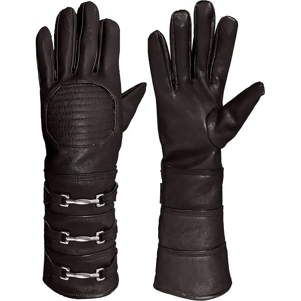 Luvas masculinas de pele de carneiro com punho longo para cosplay – sem forro e ajuste regular