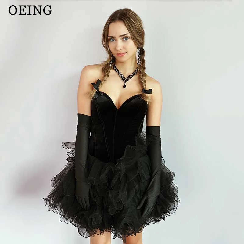 

OEING Black Prom Dress Elegant Strapless V-Neck Tiered Mini Ruffles Homecoming Dresses Special Occasion Gowns Vestidos De Festa