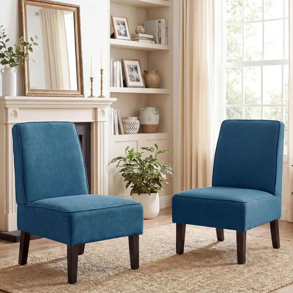 Accent Chairs Set o 2 Upholstered Living Room Chairs ArmlSide Chairs Bedroom with Curved Backrest and Wooden Legs Blue