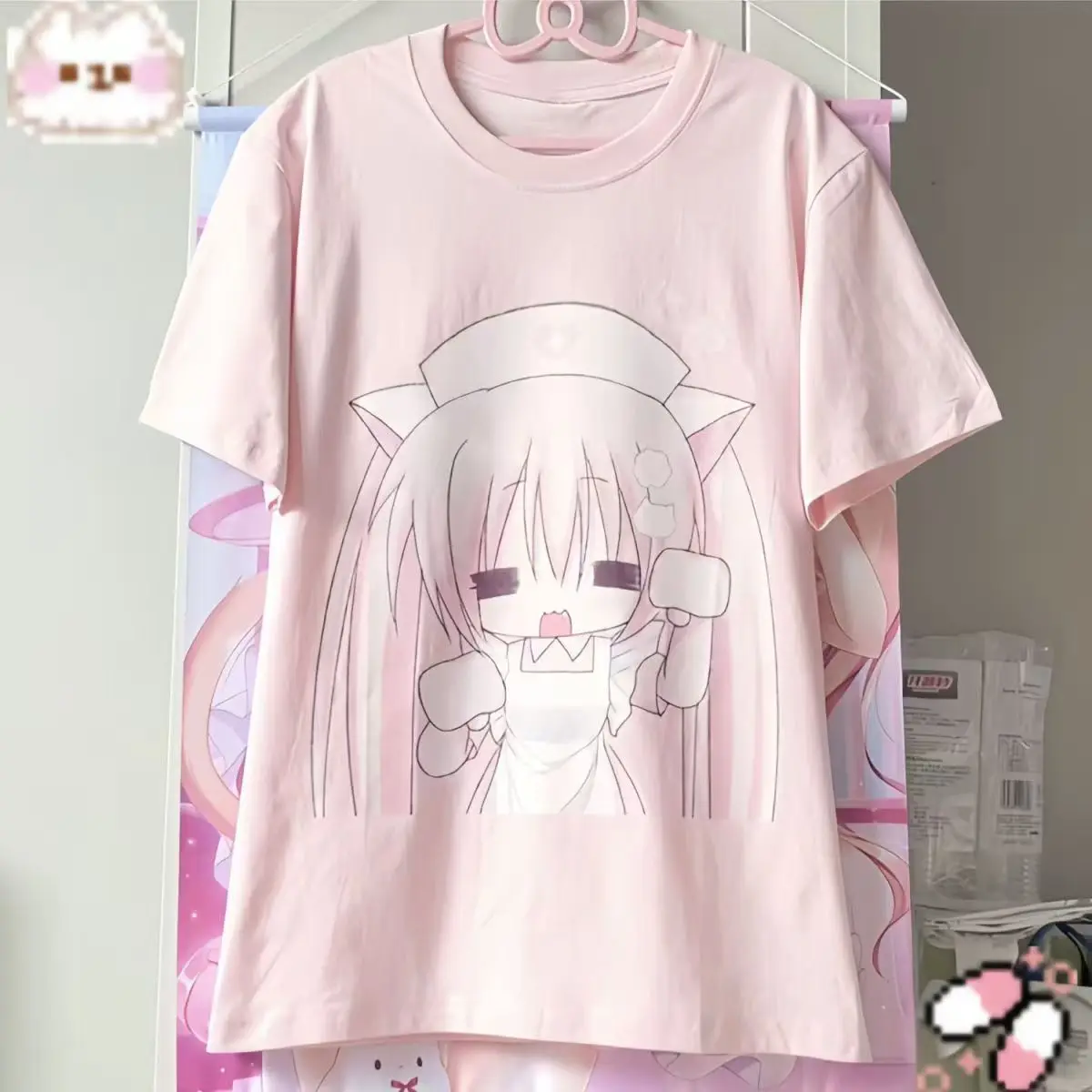 Harajuku Pink Hair Cat Ear Nurse Girl Graphic Tee Unisex Oversized Y2K Short Sleeve Women Cotton Casual Loose Streetwear T‑Shirt
