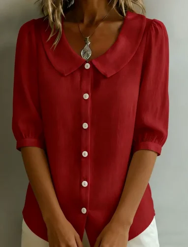 

Women's Shirt Summer New Casual Elegant Style Solid Color Lapel Button Front Puff Sleeve Design Slim Fit Short Sleeved Shirt