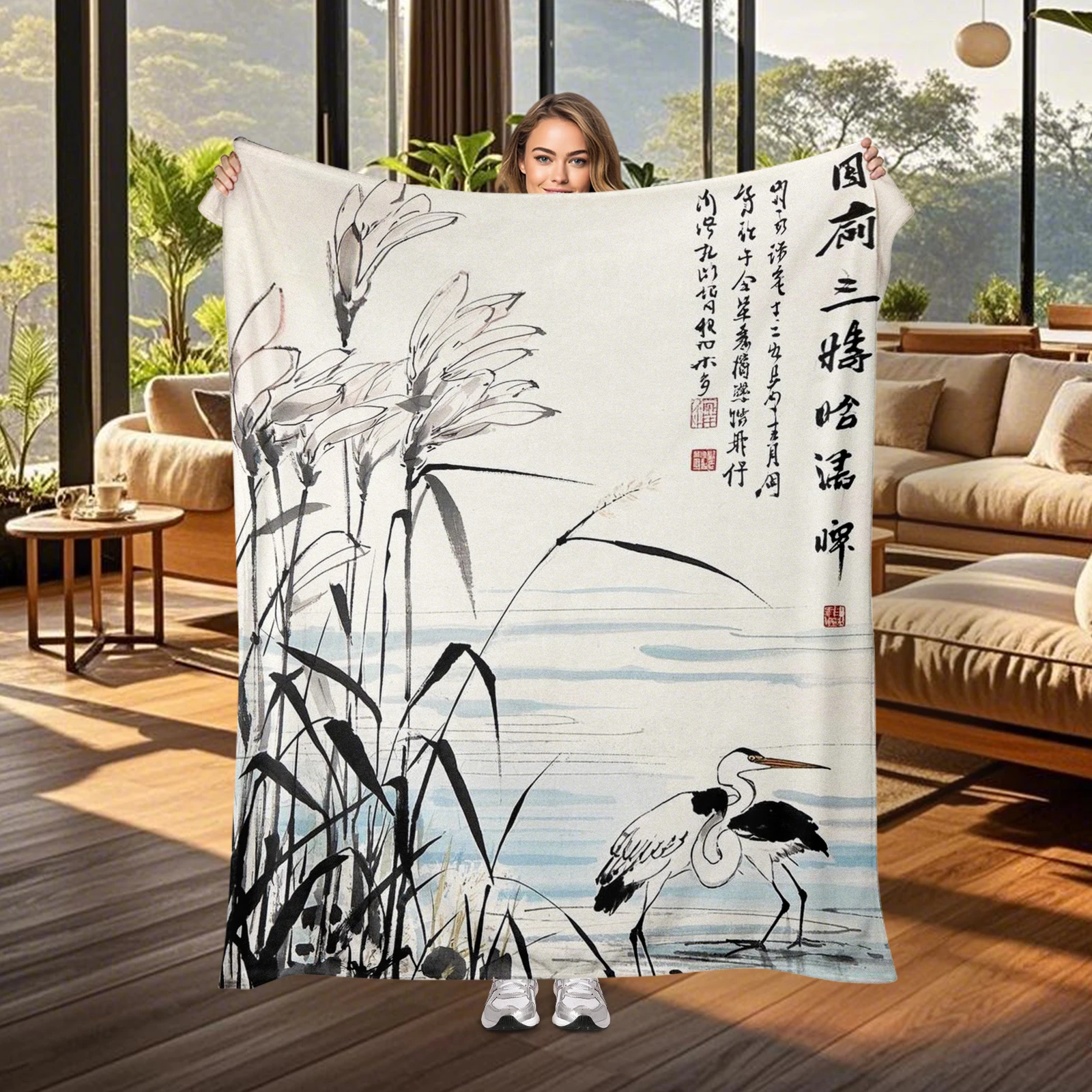 

Beautiful Ink Reed And Crane Design Blanket Featuring Traditional Chinese Poems, Ideal Gift Choice