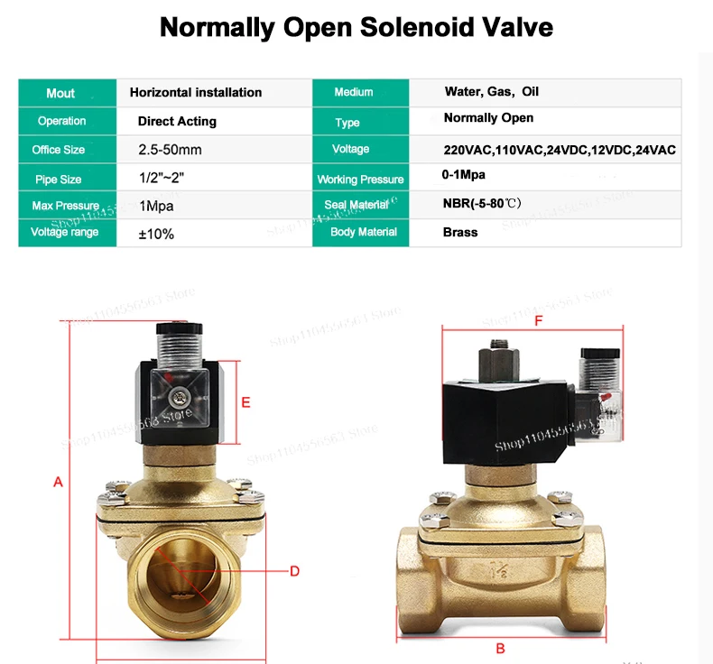 3/8" 1/2" 1" 1-1/2" 2" Brass Normally Open Solenoid Valve IP65 Pipe Control Switch Valve Water Valve 380V 240V 220V 110V 24V 12V
