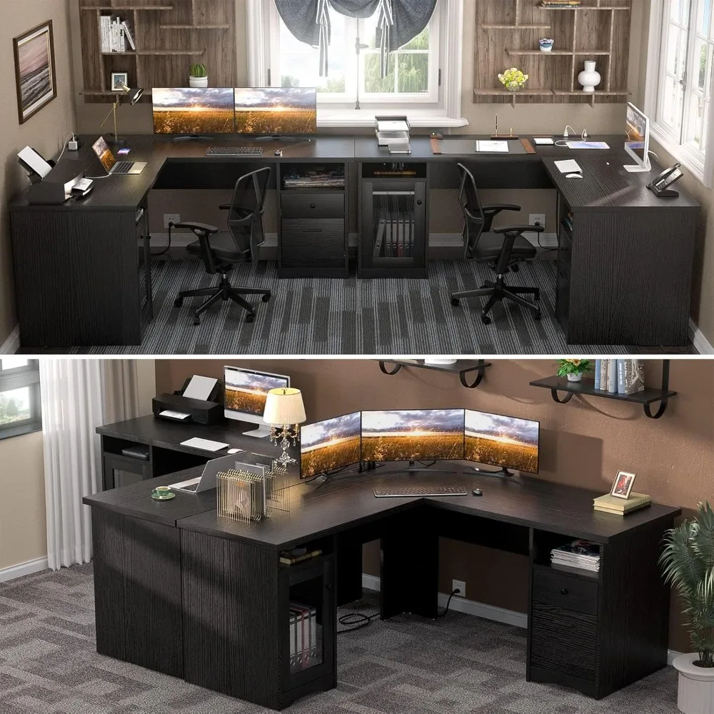L Shaped Office Desk with Drawer, 60 Inch Computer Desk with Power Outlet & USB Charging Port, Large Corner Desk with File Cabi