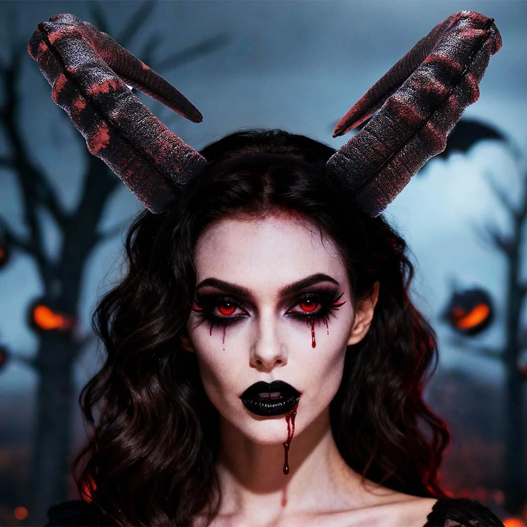 Women Black Red Demon Horn Headpiece Cosplay Props Women Gothic Devils Animal Ox Horns Headwear Carnival Party Costume Props