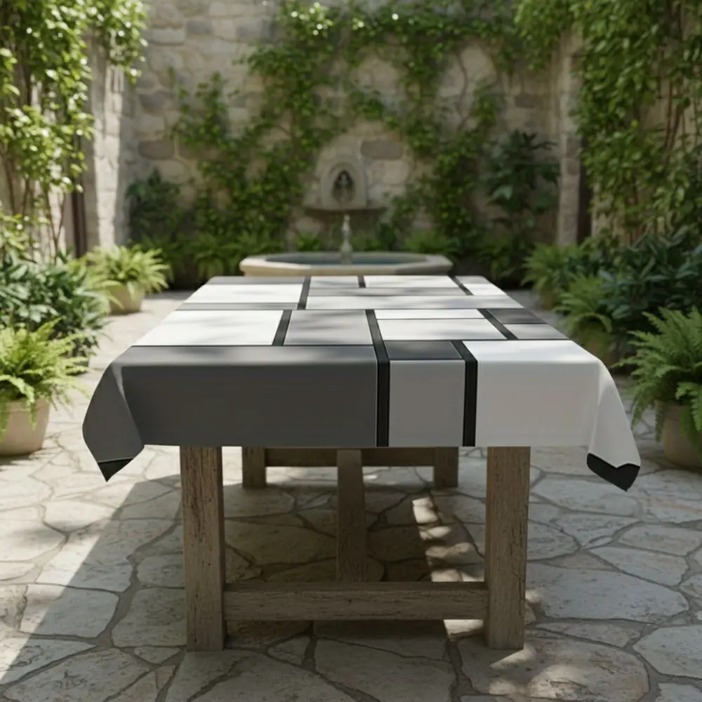 White Gray Contrasting Geometric Splicing Tablecloth Non-slip Stain-resistant Table Cover Modern Simple Style Rectangular