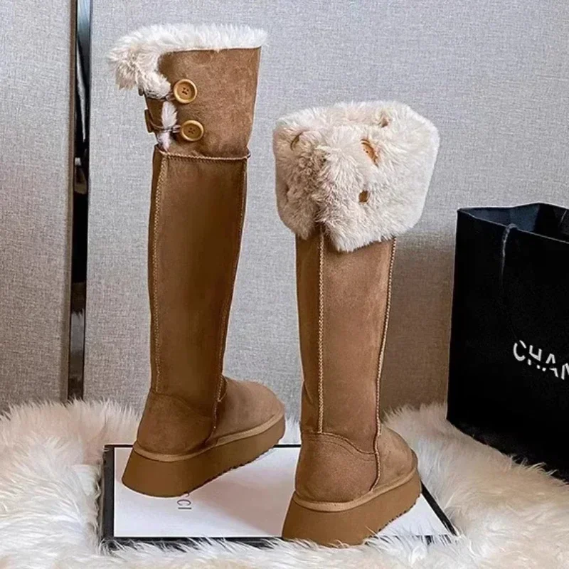 Winter Women\'s Keep Warm Short Plush Flat Suede Snow Boots New Platform Knee High Boots for Women Outdoor Casual Cotton Shoes