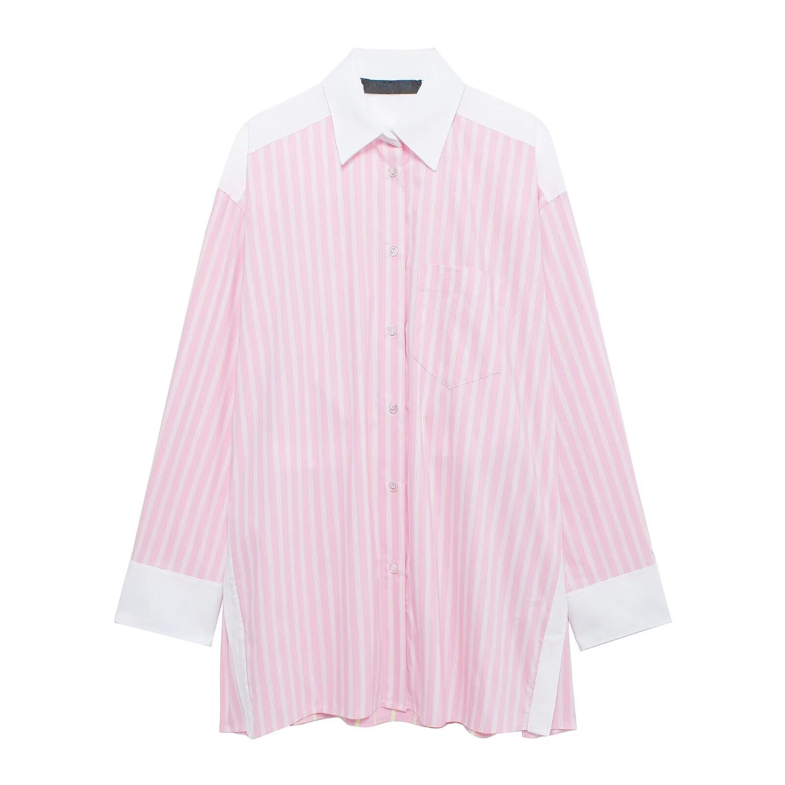 Tangada 2024 Women Pink Striped Oversized Shirt Long Sleeve Female Cotton Long Blouse Tops 3H0696