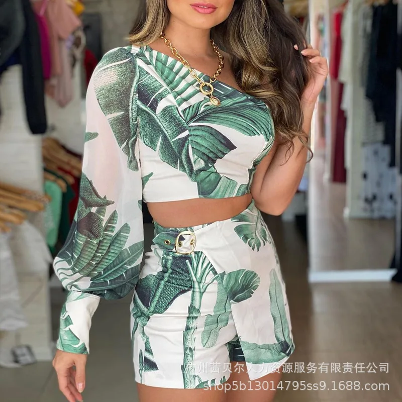 Fashion Womens Short Sets New Plant Printed Long Sleeved One Shoulder Tight Fitting 2 Piece Sets Womens Outfits