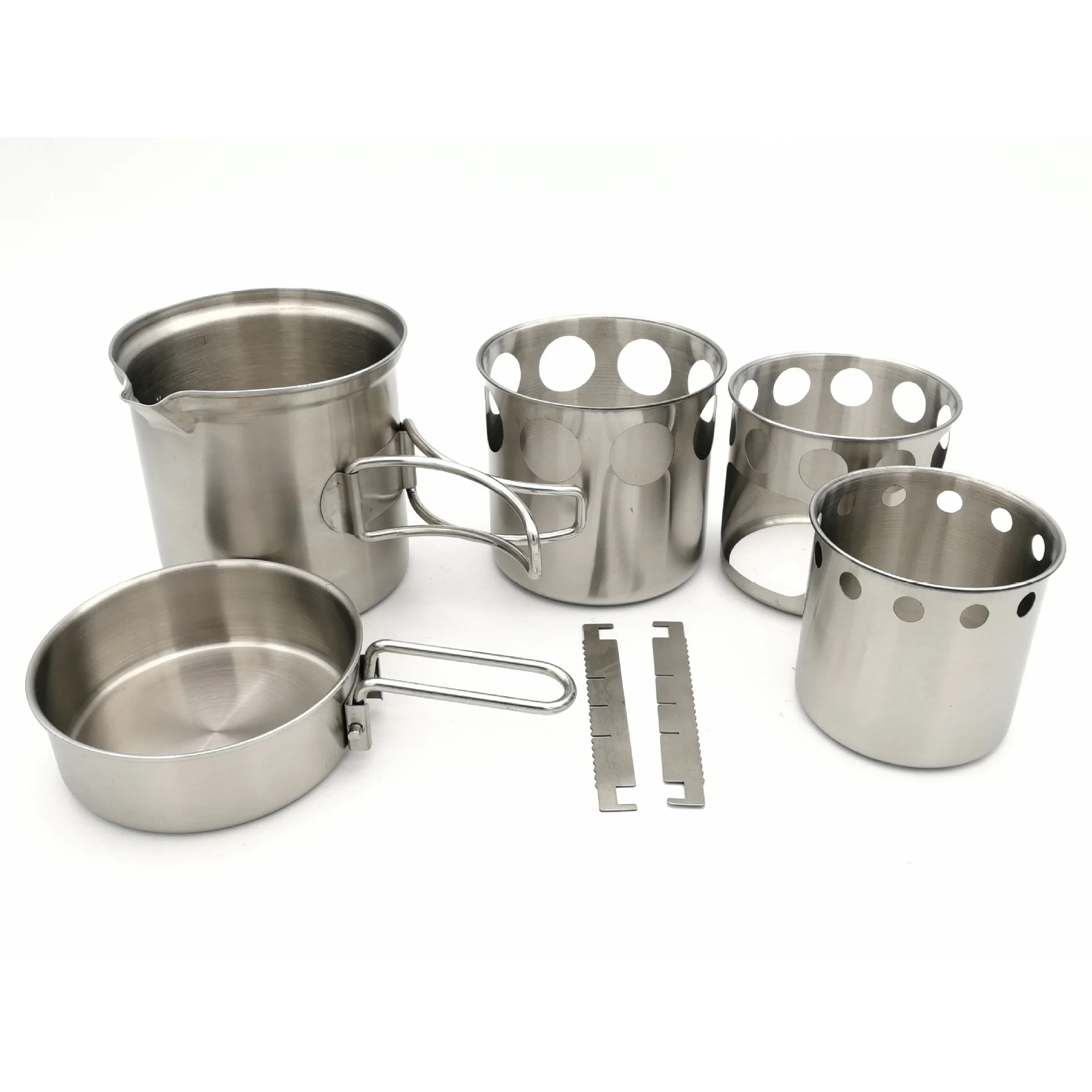 재고 있음 뜨거운 판매 야외 스테인레스 스틸 휴대용 장작 스토브 세트 냄비 세트 캠핑 접는 방풍 장작 스토브