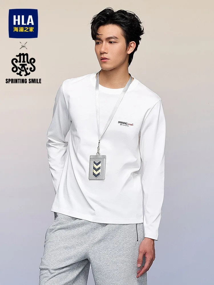 Spring New HLA Home SPRINTING SMILE Series Men's Long Sleeve T-shirt round Neck Printed Knitted Cotton Polyester Blend
