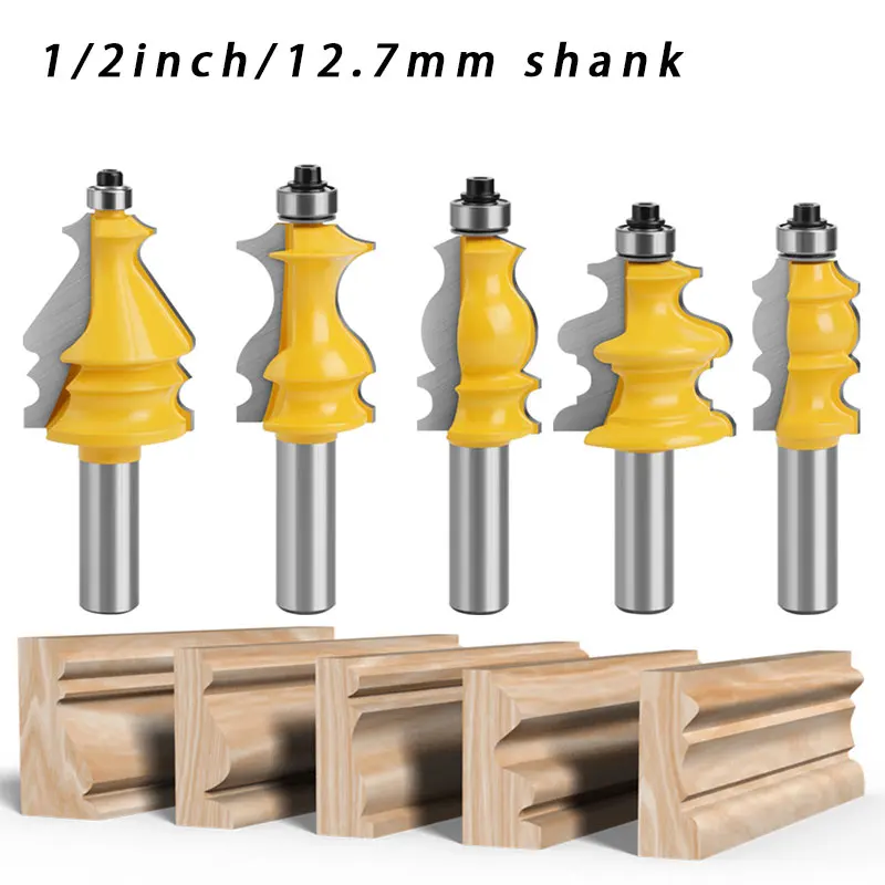 

5Pcs 1/2" Shank Architectural Molding Router Bits Set, 12.7mm Shank Wood Edge Forming Bit, Handrail Skirting Line Milling Cutter