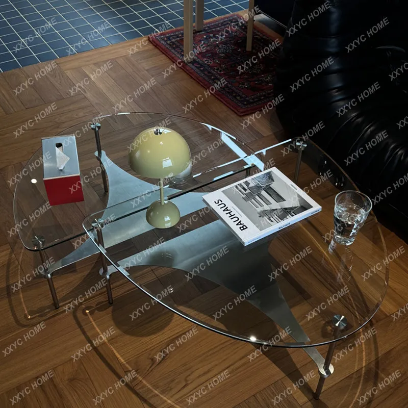 

SLTempered glass living room oval side table, stainless steel coffee table
