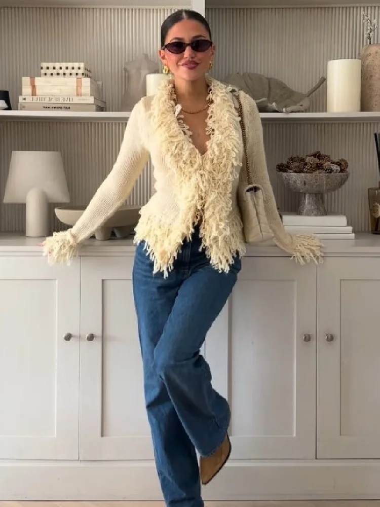Fashion Tassel Trim V Neck Knit Cardigan Cream Color Irregular Fringe Open Front Full Sleeve Coat Autumn Lady Daily Streetwear
