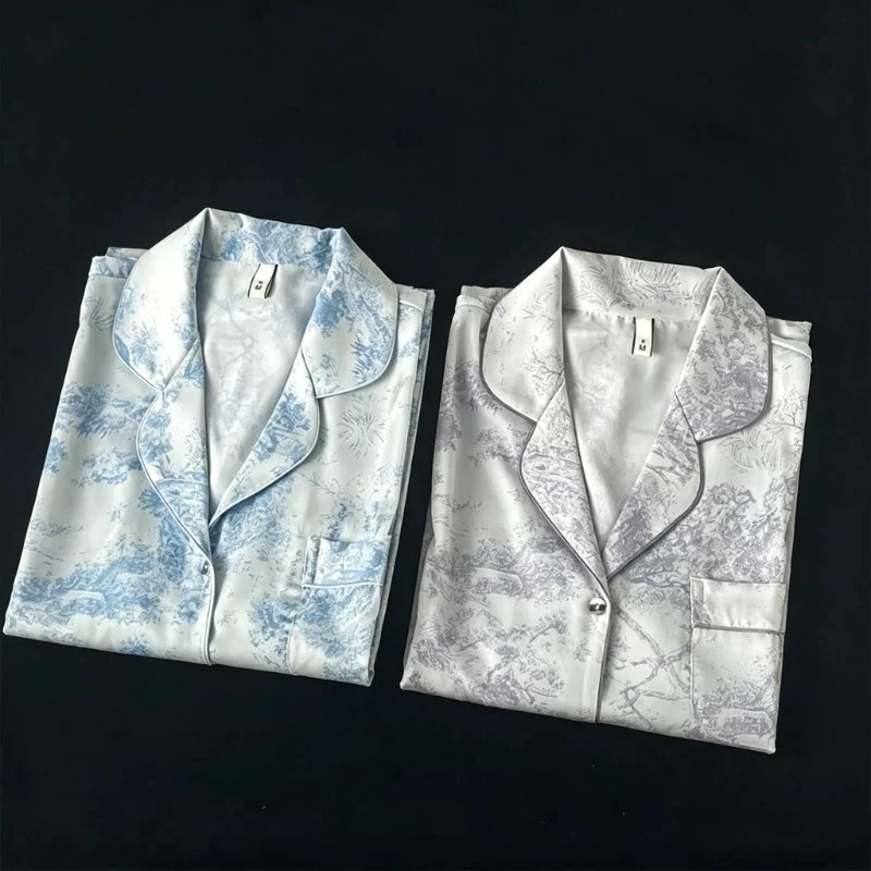 

Autumn Winter New Ice Silk Women's Home Clothes Lapel Button Cardigan 2 Piece Outfit Set Women Senior Printing Pajamas for Women