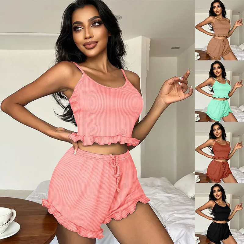 

Комплект из 2-х пижам с бретелями, домашняя одежда, мягкие пижамы, однотонные сексуальные шорты, женская дышащая повседневная одежда для сна, летние женские пижамы