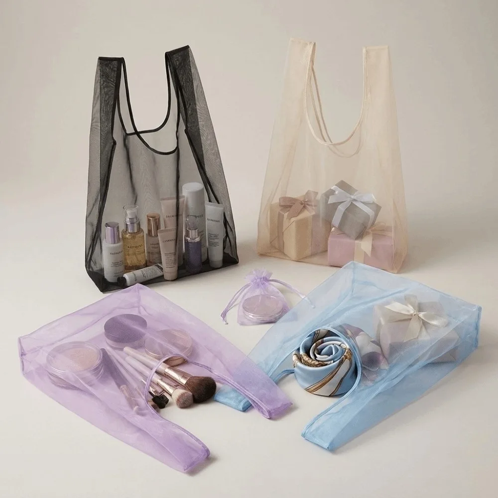 High Quality Large Capacity Organza Shopping Bag Sheer Gauze Mesh Reusable Tote Bag Lightweight Multicolor Handbag Daily Use