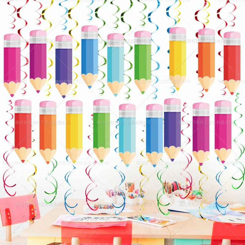 48pcs Colourful Paper Pencil Streamers Pvc Spiral Decoration Spiral Banner Party Ceiling Hanging Ornaments For School Home Kid view 4