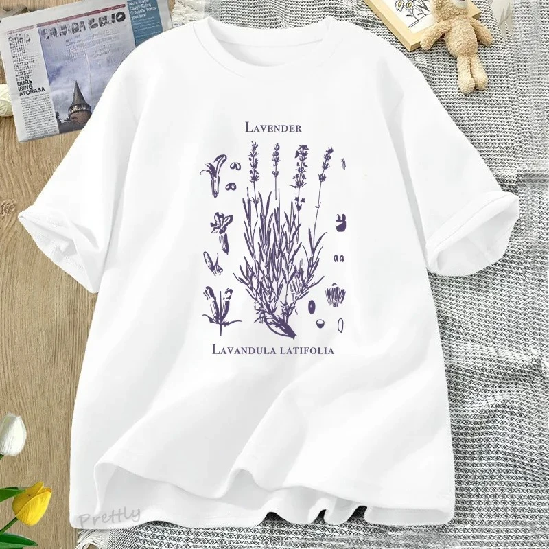 

Футболка с рисунком лаванды в стиле ретро, полевые цветы, природа, ботаническая футболка, женская футболка с коротким рукавом и круглым вырезом, одежда в стиле Харадзюку, футболки