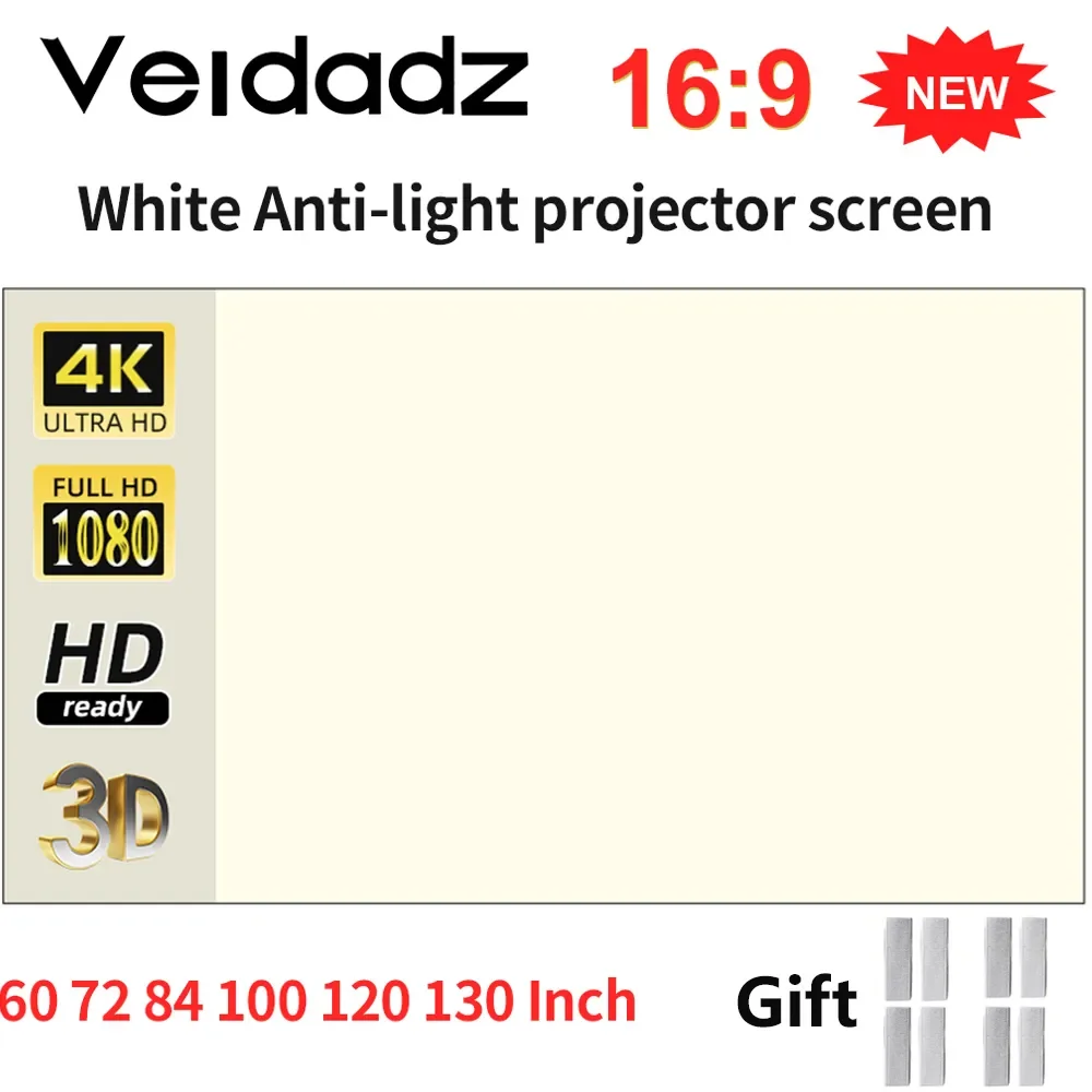 

VEIDADZ Projector Screen 60 72 84 100 120 130in White Grid Anti-Light 160° Viewing Angle Reflective Screen Indoor Outdoor Movie