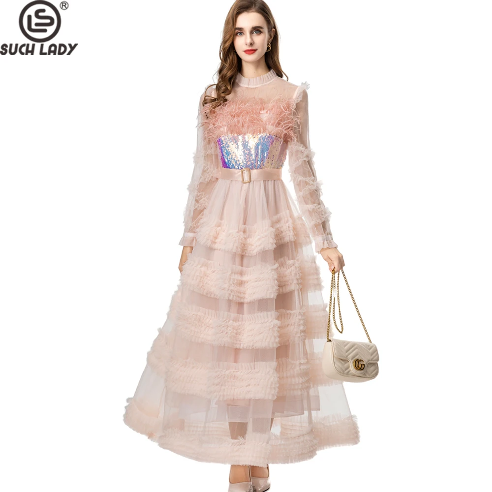 

Очаровательное розовое платье макси с круглым вырезом и пайетками, длинные прозрачные рукава и многослойная тюлевая юбка с рюшами, платье для выпускного вечера